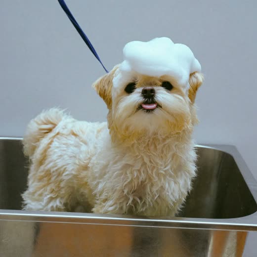 A small dog being bathed and lathered with shampoo