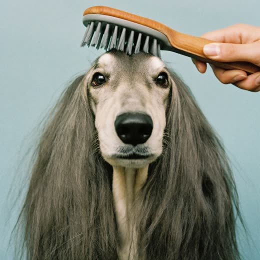 A long-coated dog being brushed out